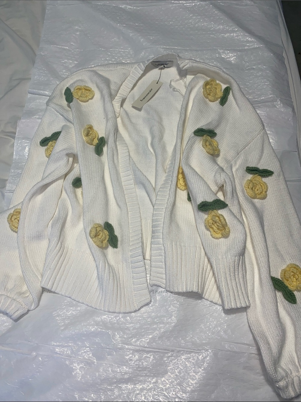 Francesca's Collections Cream Cardigan with Yellow Floral Appliqués